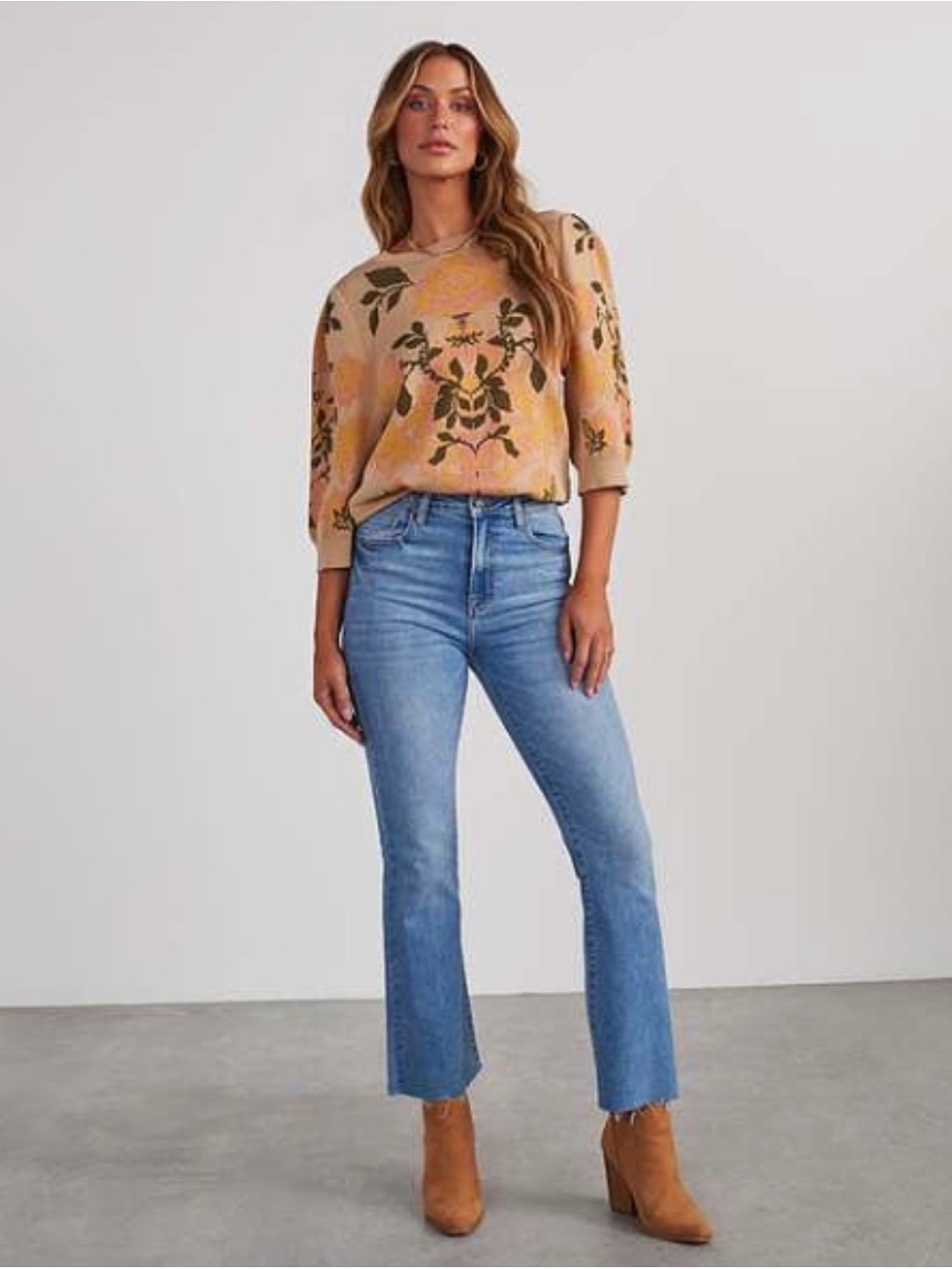 En Crème Tan Floral Intarsia Crewneck Sweater
